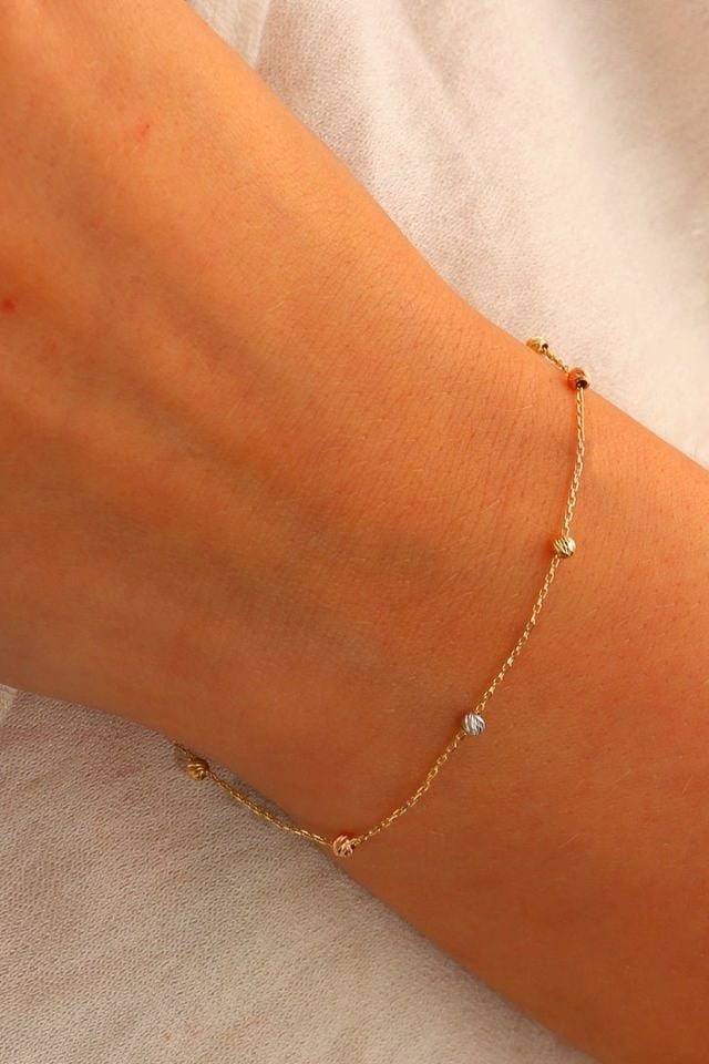 14 Ayar Altın Dorika Toplu Altın Bileklik Renkli Toplar Tek Sıra