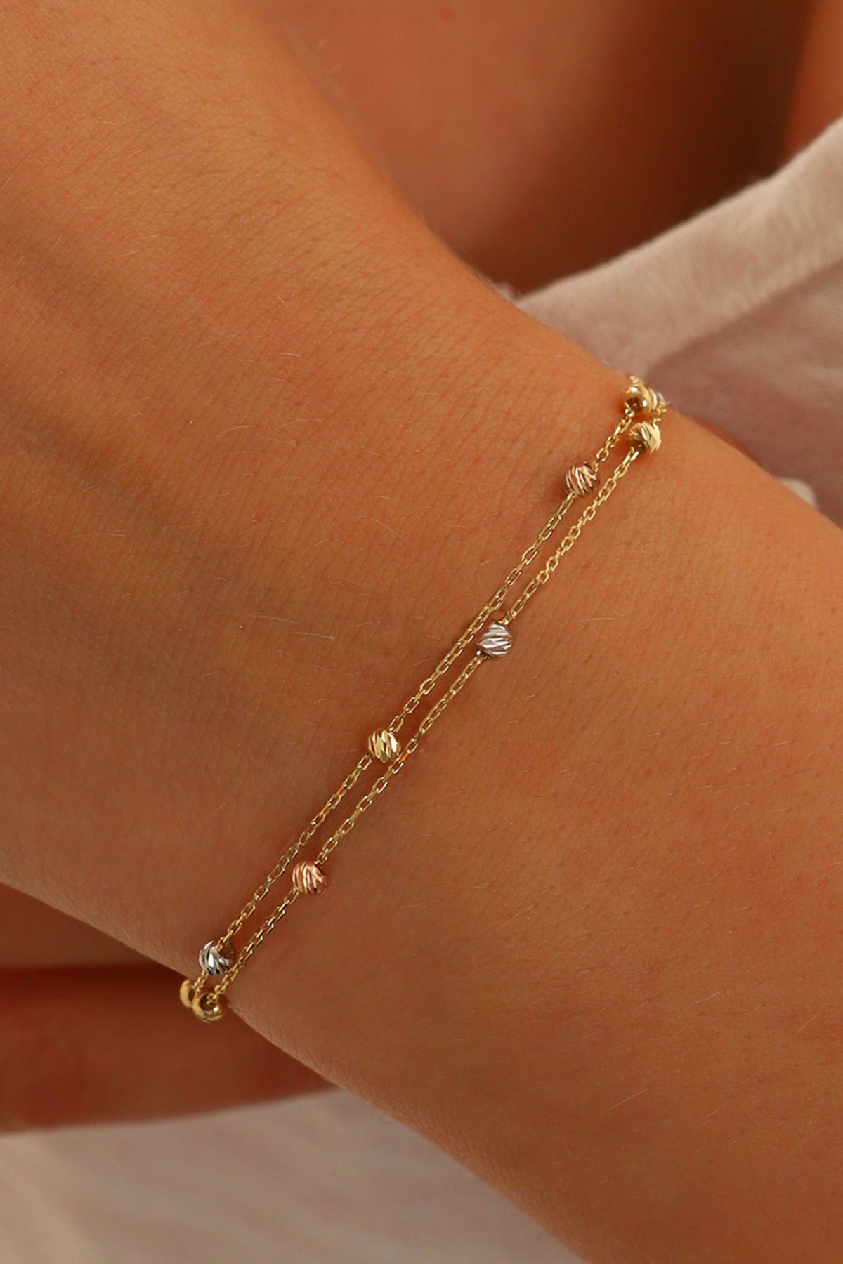 14 Ayar Altın Dorika Toplu Altın Bileklik Renkli Toplar İki Sıra