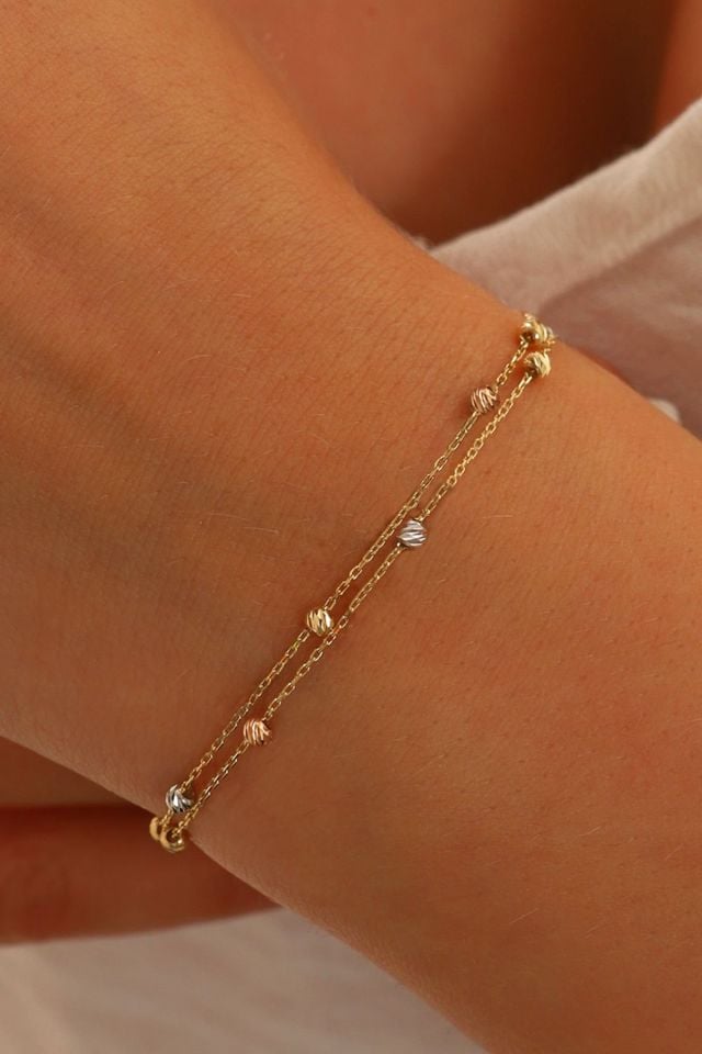 14 Ayar Altın Dorika Toplu Altın Bileklik Renkli Toplar İki Sıra