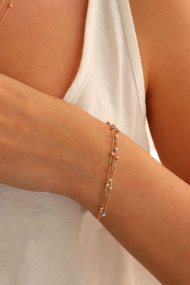 14 Ayar Altın Dorika Toplu Altın Bileklik Renkli Toplar Üç Sıra