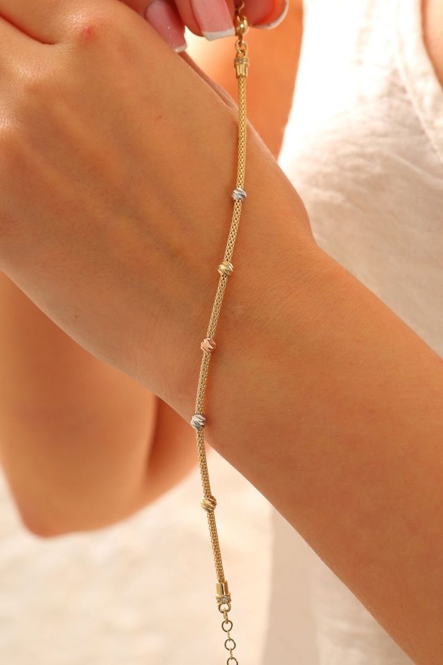 14 Ayar Altın Dorika Toplu Altın Bileklik Popcorn Bileklik Renkli Toplar Tek Sıra