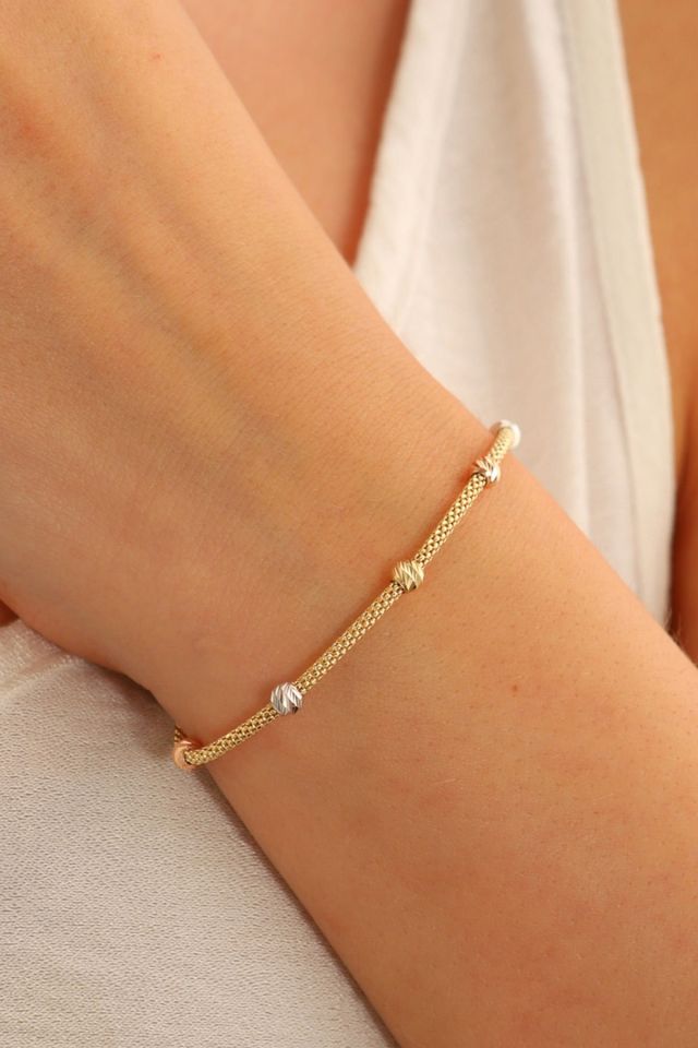 14 Ayar Altın Dorika Toplu Altın Bileklik Popcorn Bileklik Renkli Toplar Tek Sıra