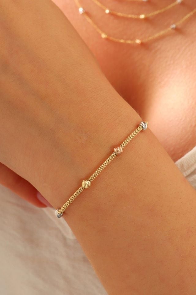 14 Ayar Altın Dorika Toplu Altın Bileklik Popcorn Bileklik Renkli Toplar Tek Sıra