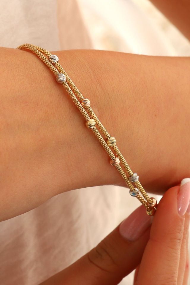 14 Ayar Altın Dorika Toplu Altın Bileklik Popcorn Bileklik Renkli Toplar İki Sıra