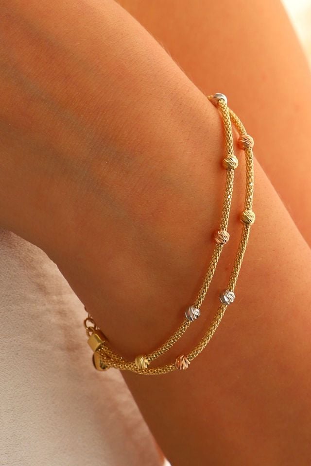 14 Ayar Altın Dorika Toplu Altın Bileklik Popcorn Bileklik Renkli Toplar İki Sıra