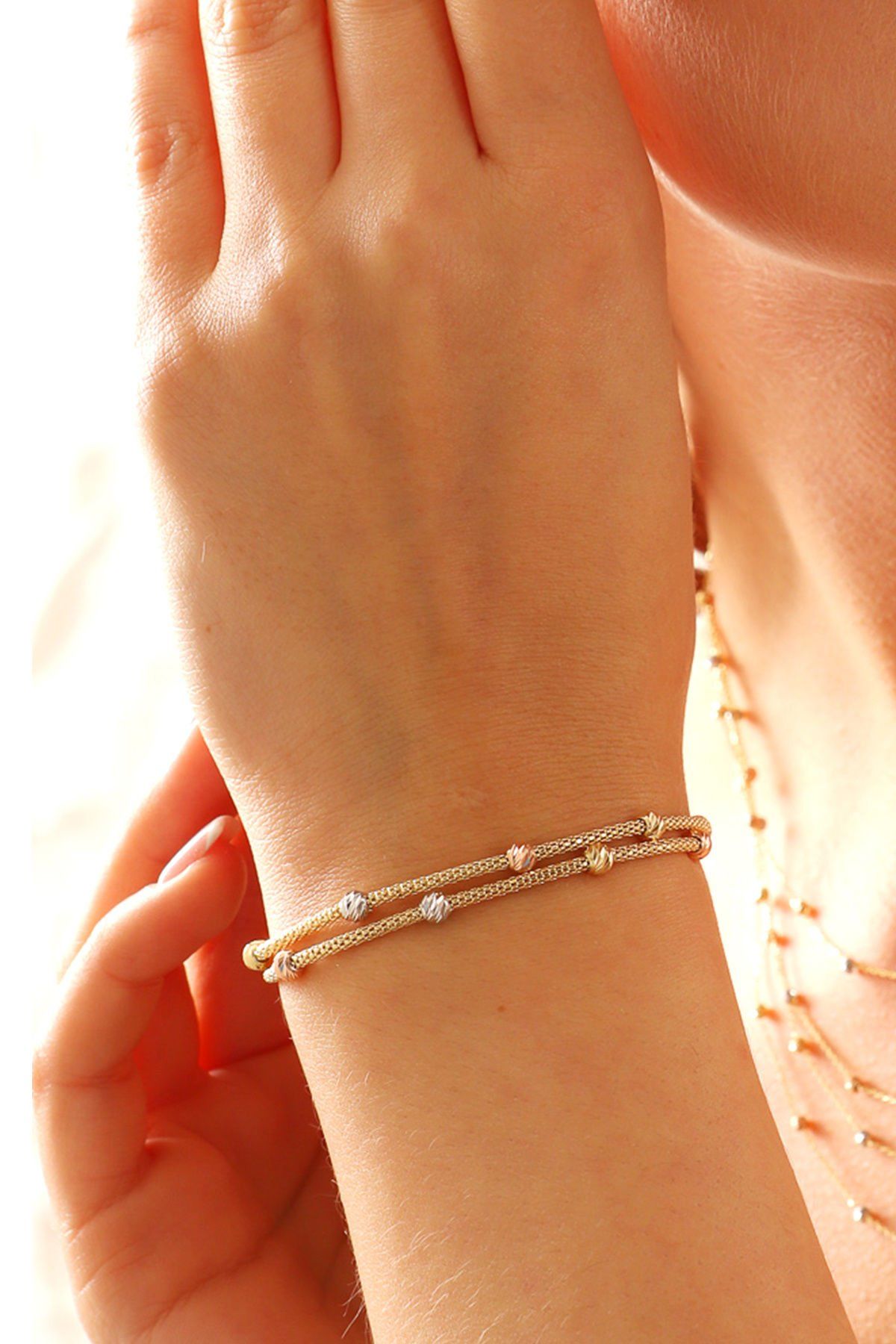 14 Ayar Altın Dorika Toplu Altın Bileklik Popcorn Bileklik Renkli Toplar İki Sıra