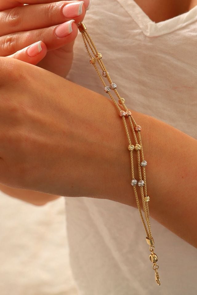 14 Ayar Altın Dorika Toplu Altın Bileklik Popcorn Bileklik Renkli Toplar Üç Sıra