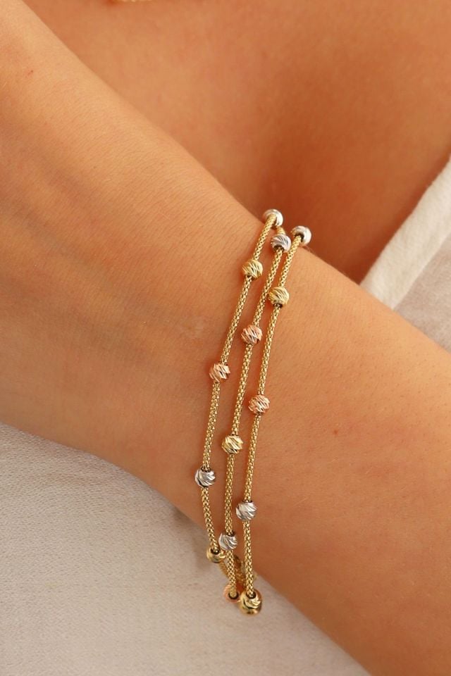 14 Ayar Altın Dorika Toplu Altın Bileklik Popcorn Bileklik Renkli Toplar Üç Sıra