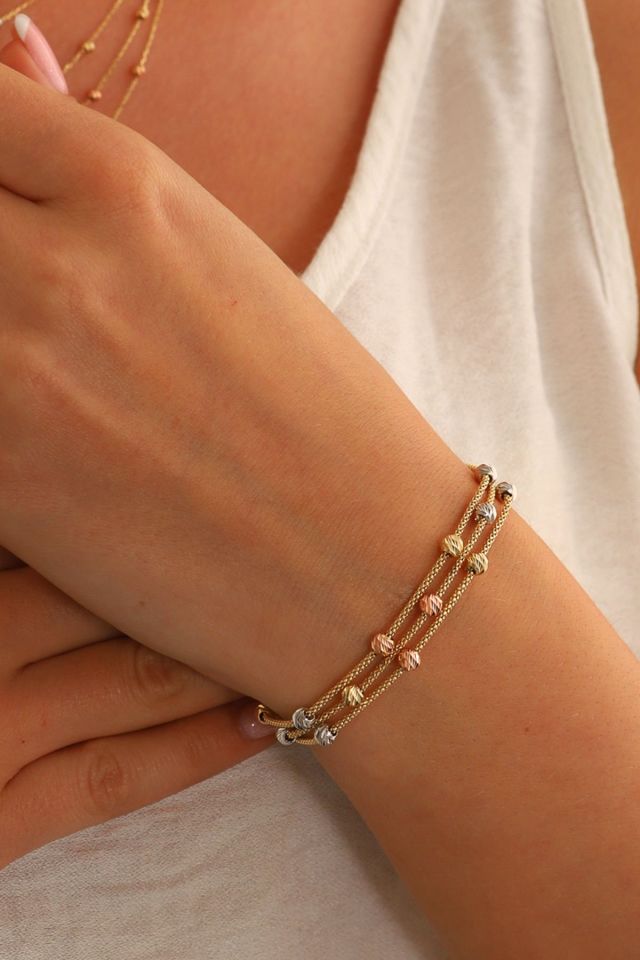 14 Ayar Altın Dorika Toplu Altın Bileklik Popcorn Bileklik Renkli Toplar Üç Sıra