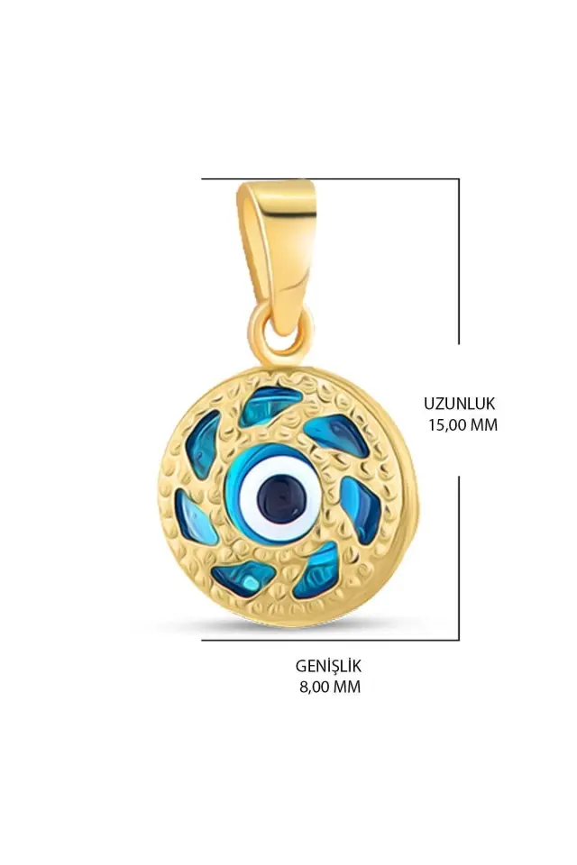 14 Ayar Altın Kolye Nazar Boncuklu Göz Kolye Ucu Yuvarlak Desenli Zincir Dahil Değil