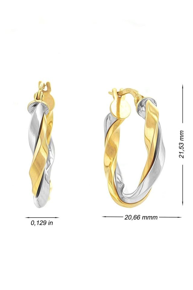 14 Ayar Altın Küpe İki Burgulu Sarı Beyaz Altın Halka Küpe 2 Cm Çapında