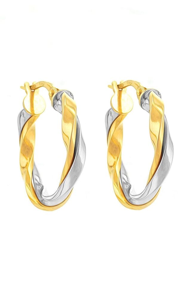 14 Ayar Altın Küpe İki Burgulu Sarı Beyaz Altın Halka Küpe 2 Cm Çapında