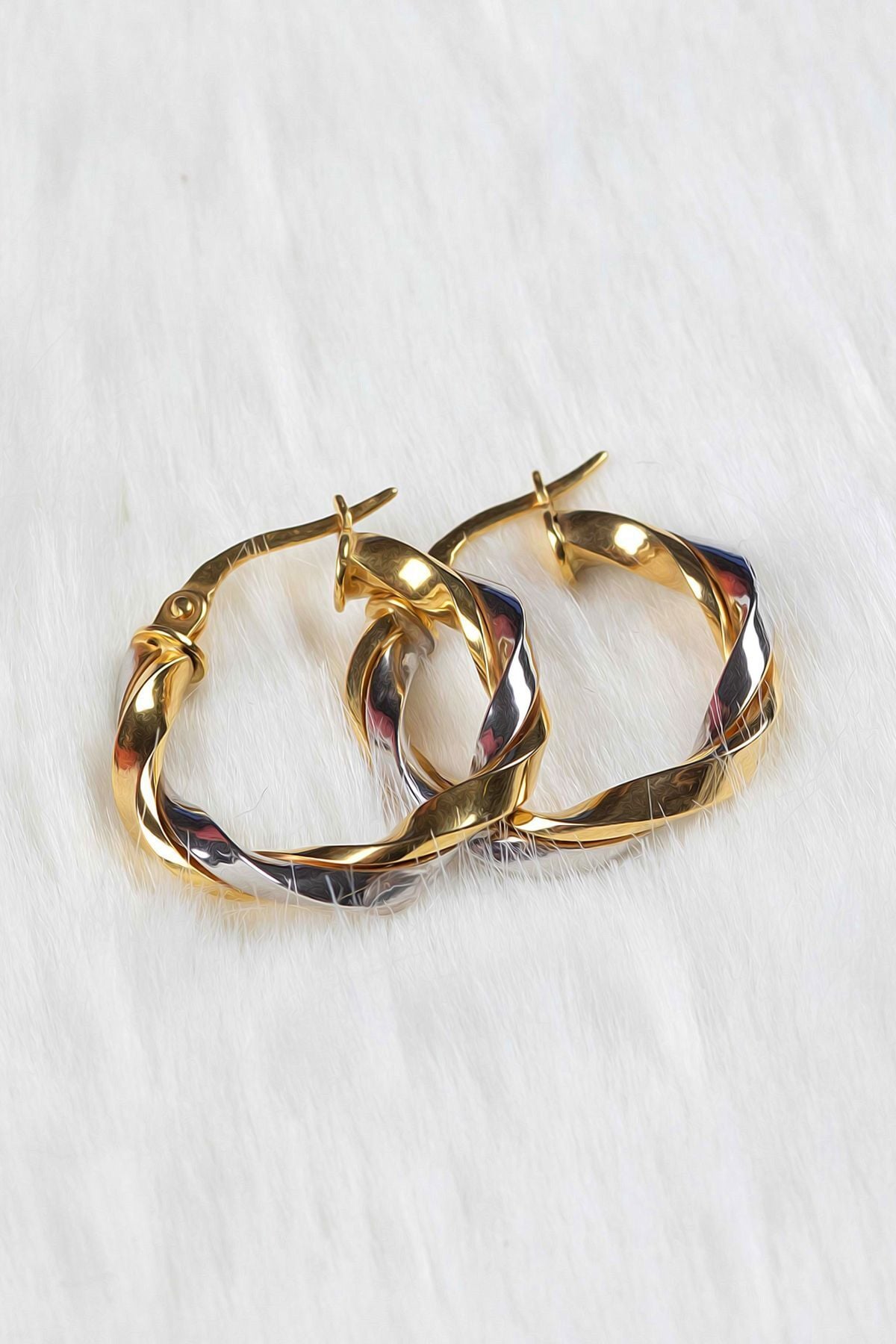 14 Ayar Altın Küpe İki Burgulu Sarı Beyaz Altın Halka Küpe 2 Cm Çapında