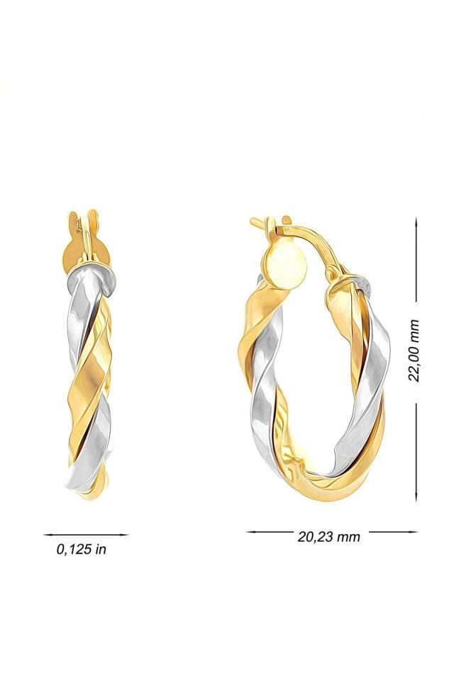 14 Ayar Altın Küpe İki Burgulu Sarı Beyaz Altın Halka Küpe 2,2 Cm Çapında