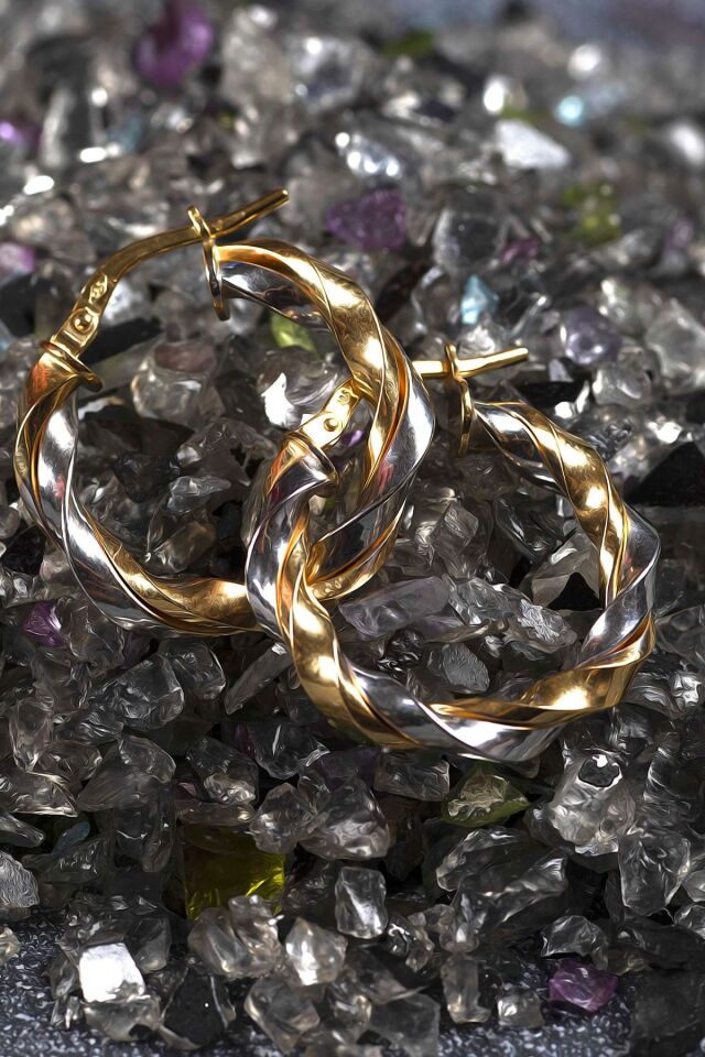 14 Ayar Altın Küpe İki Burgulu Sarı Beyaz Altın Halka Küpe 2,2 Cm Çapında