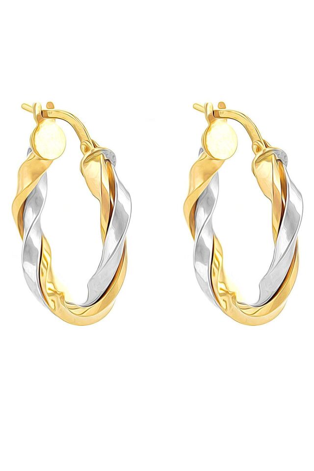 14 Ayar Altın Küpe İki Burgulu Sarı Beyaz Altın Halka Küpe 2,2 Cm Çapında