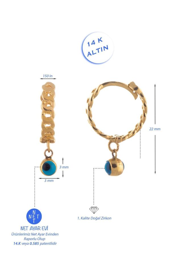 14 Ayar Altın Küpe Burgulu Nazar Göz Boncuklu Halka Küpe 2,20 Cm Çapında