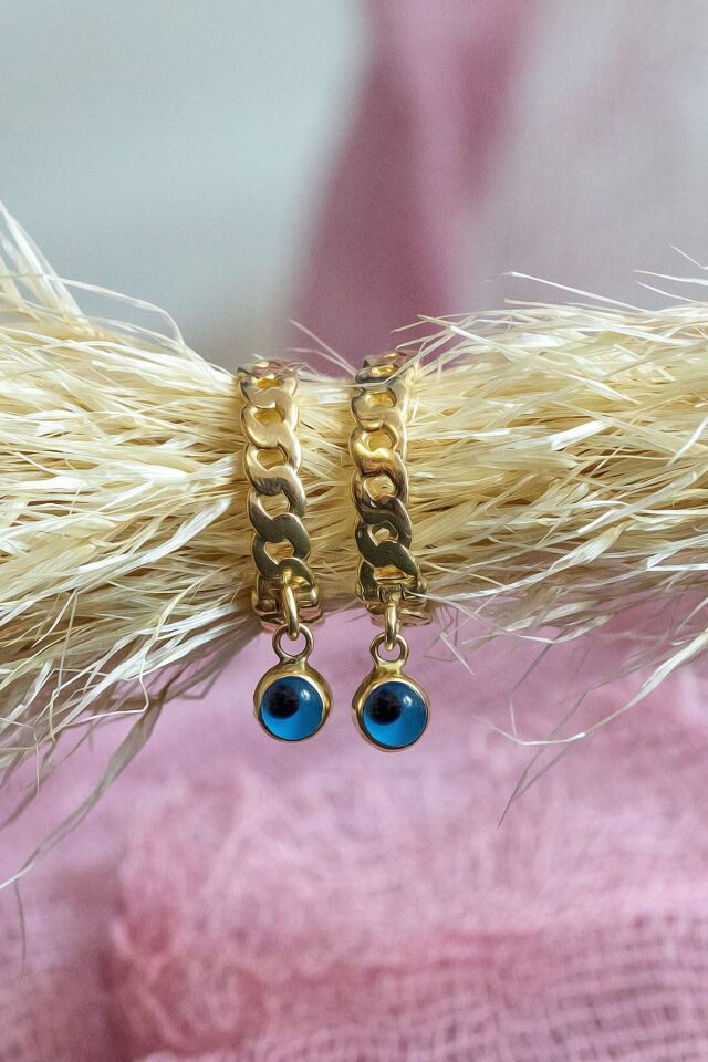 14 Ayar Altın Küpe Burgulu Nazar Göz Boncuklu Halka Küpe 2,20 Cm Çapında