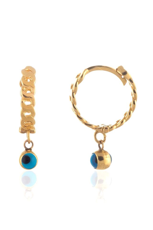 14 Ayar Altın Küpe Burgulu Nazar Göz Boncuklu Halka Küpe 2,20 Cm Çapında