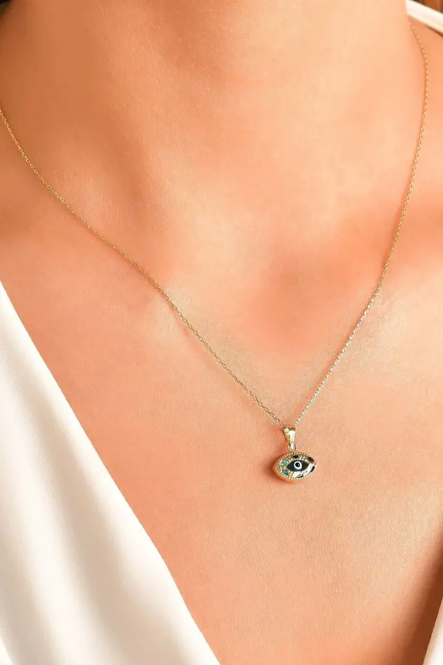14 Ayar Altın Kolye Nazar Boncuklu Göz Kolye Ucu Göz Desenli Zincir Dahil Değil