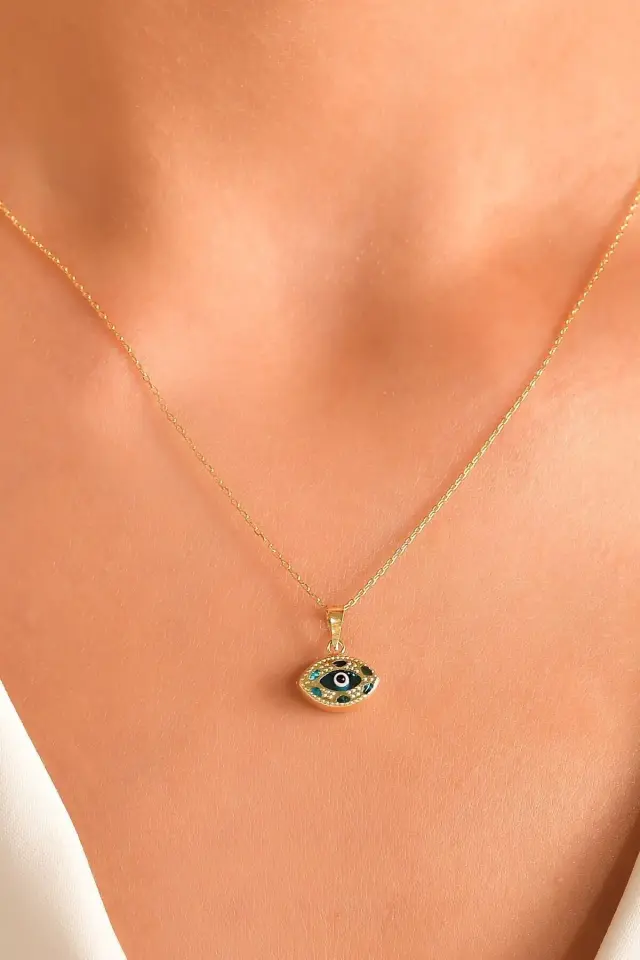 14 Ayar Altın Kolye Nazar Boncuklu Göz Kolye Ucu Göz Desenli Zincir Dahil Değil