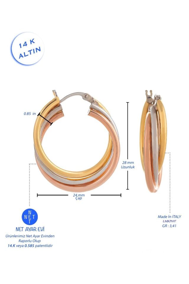 14 Ayar Altın Küpe Üç Renk Sarı Beyaz Rose Altın Halka Küpe 2,50 Cm Çapında