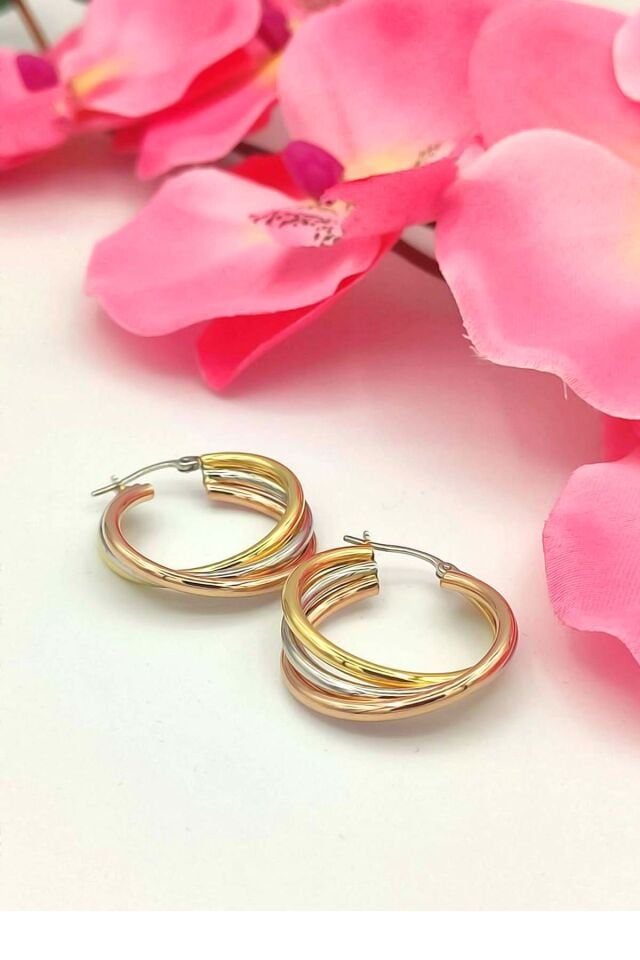 14 Ayar Altın Küpe Üç Renk Sarı Beyaz Rose Altın Halka Küpe 2,50 Cm Çapında