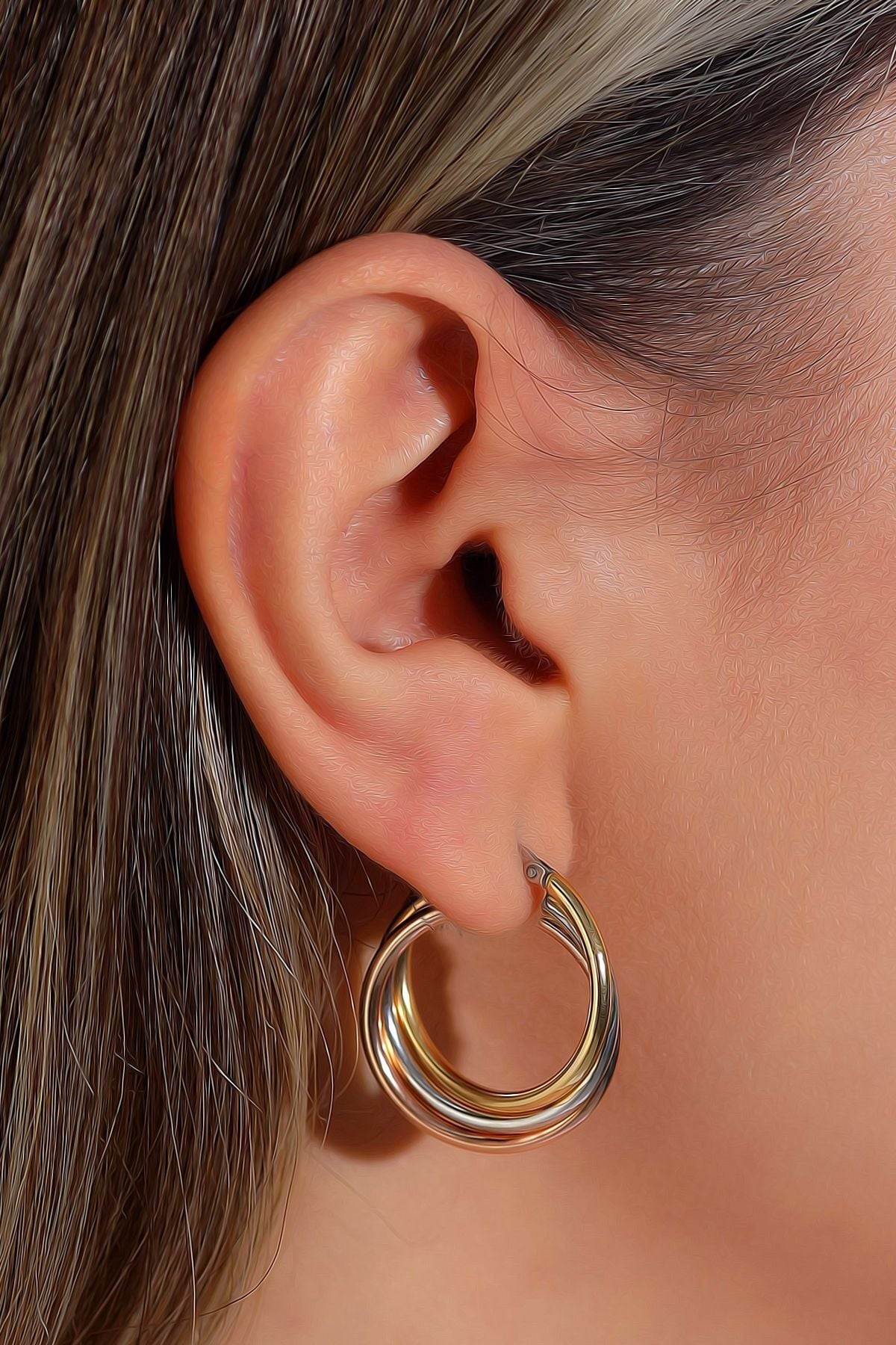 14 Ayar Altın Küpe Üç Renk Sarı Beyaz Rose Altın Halka Küpe 2,50 Cm Çapında