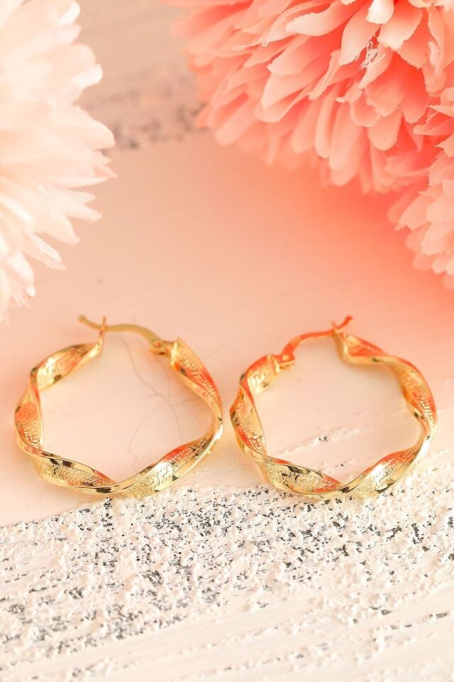 14 Ayar Altın Küpe Grek Desenli Tek Burgu Halka Küpe 3,5 Cm Çapında