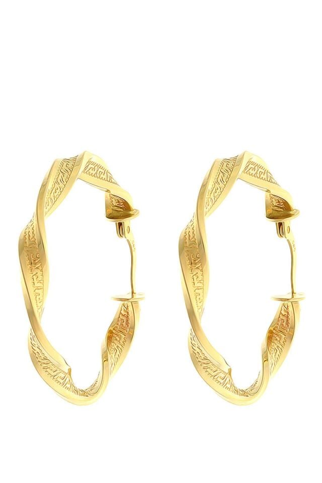 14 Ayar Altın Küpe Grek Desenli Tek Burgu Halka Küpe 3,5 Cm Çapında