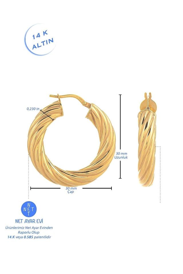 14 Ayar Altın Küpe Burgulu Bom Küpe 3 Cm Çapında