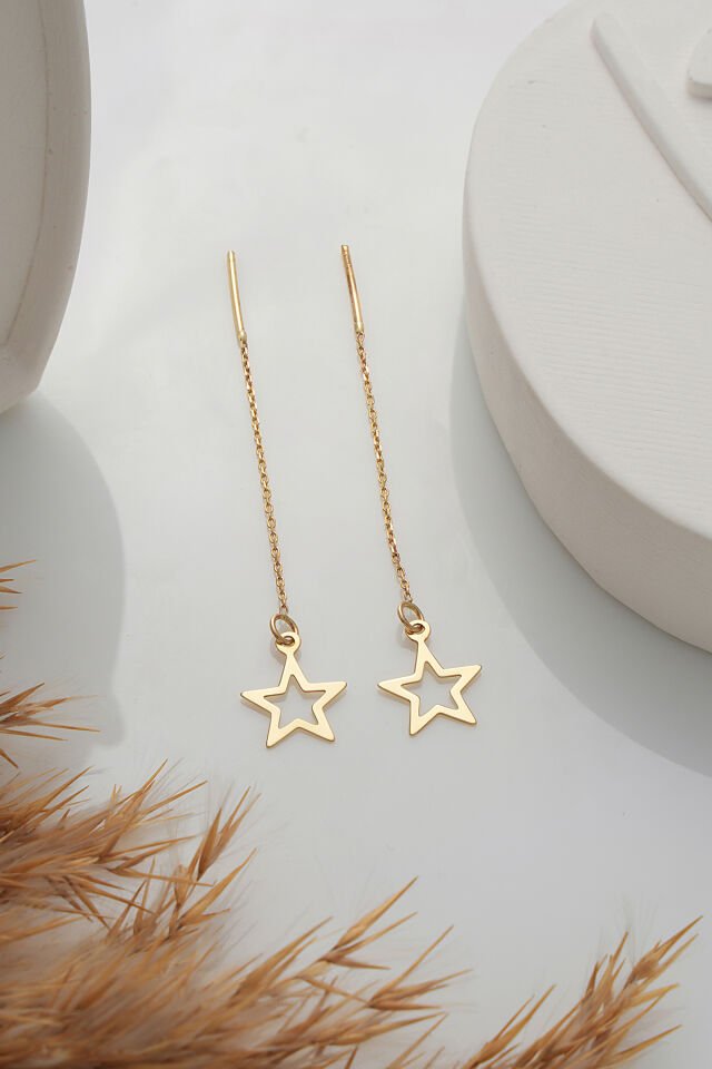 14 Ayar Altın Zincir Sallantılı İçi Boş Yıldız Küpe