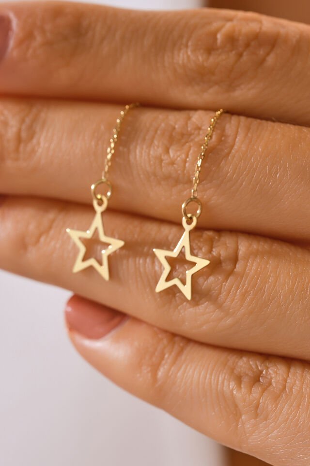 14 Ayar Altın Zincir Sallantılı İçi Boş Yıldız Küpe