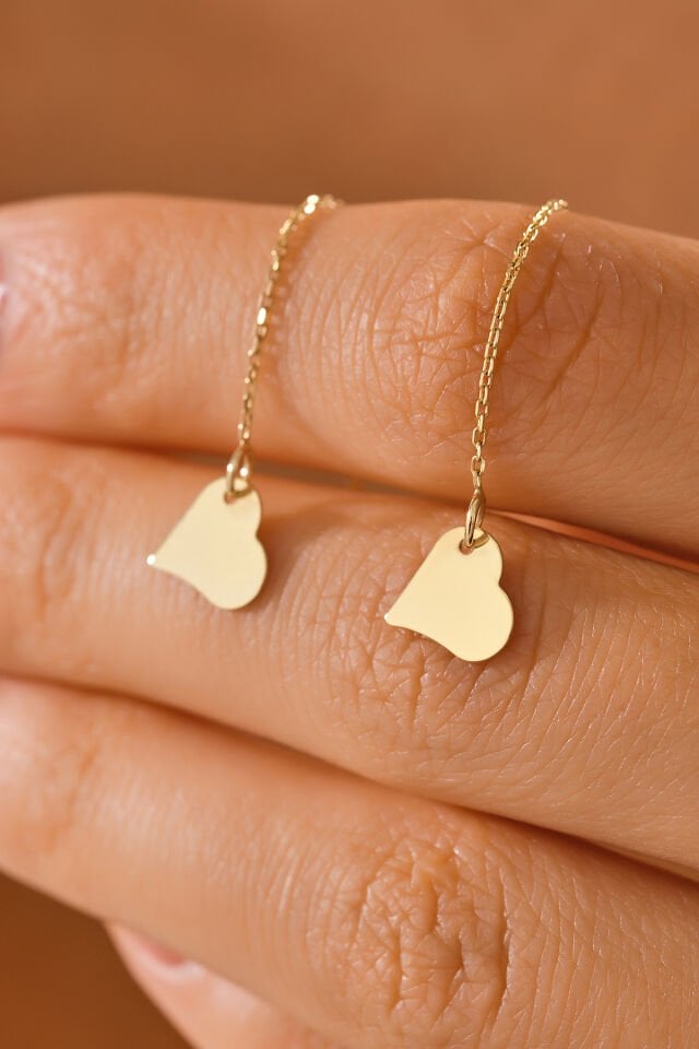 14 Ayar Altın Zincir Sallantılı Kalp Küpe