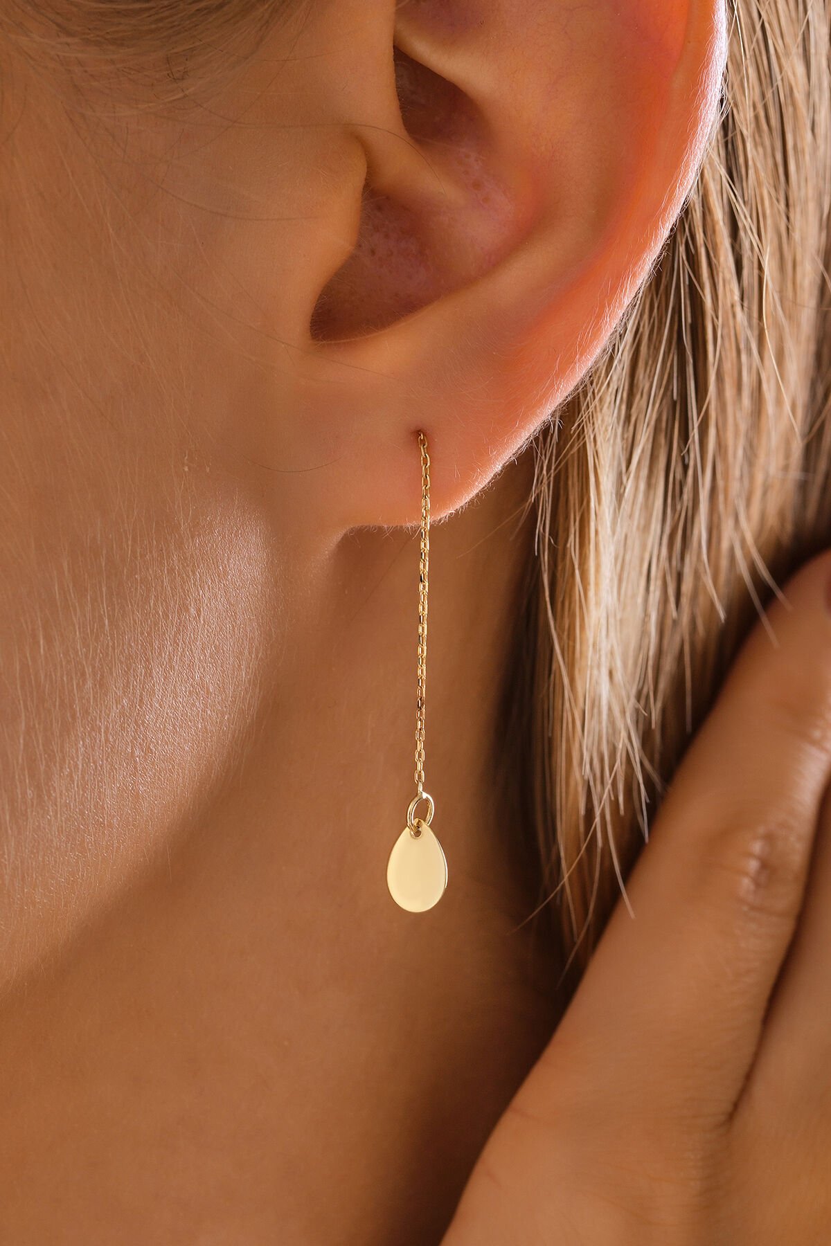 14 Ayar Altın Zincir Sallantılı Damla Küpe