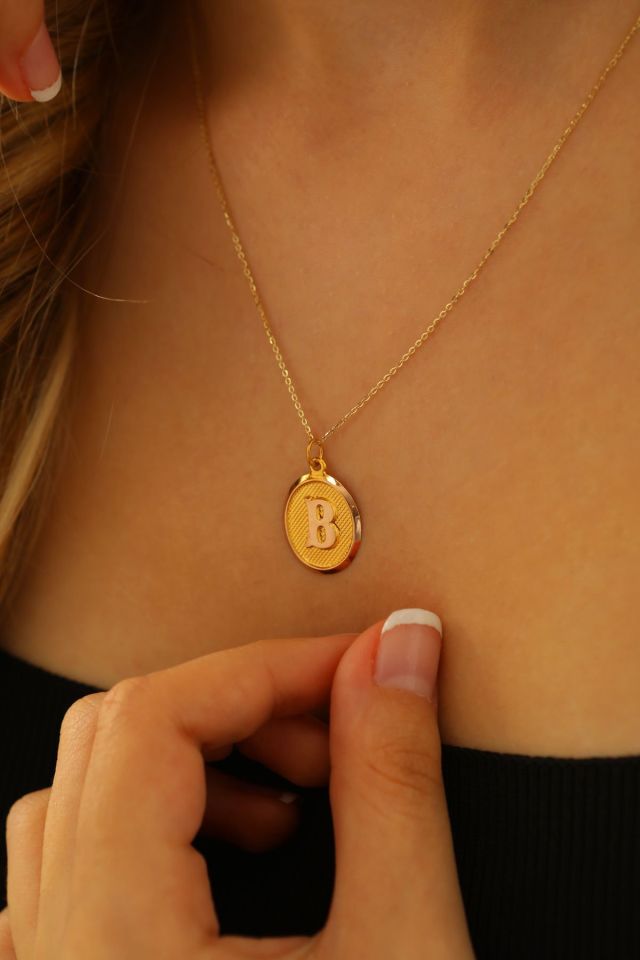 14 Ayar Altın B Harfi Kolye Ucu Nostaljik Desenli Zincir Dahil Değildir