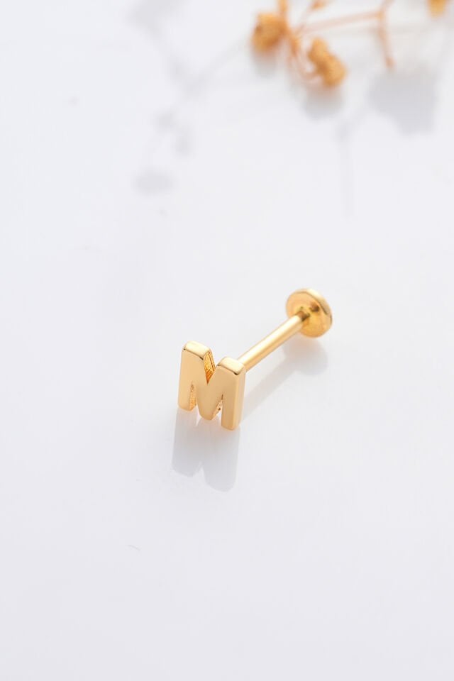 14 Ayar Altın Tragus Küpe Harf Vidalı Tüm Harfler Mevcuttur