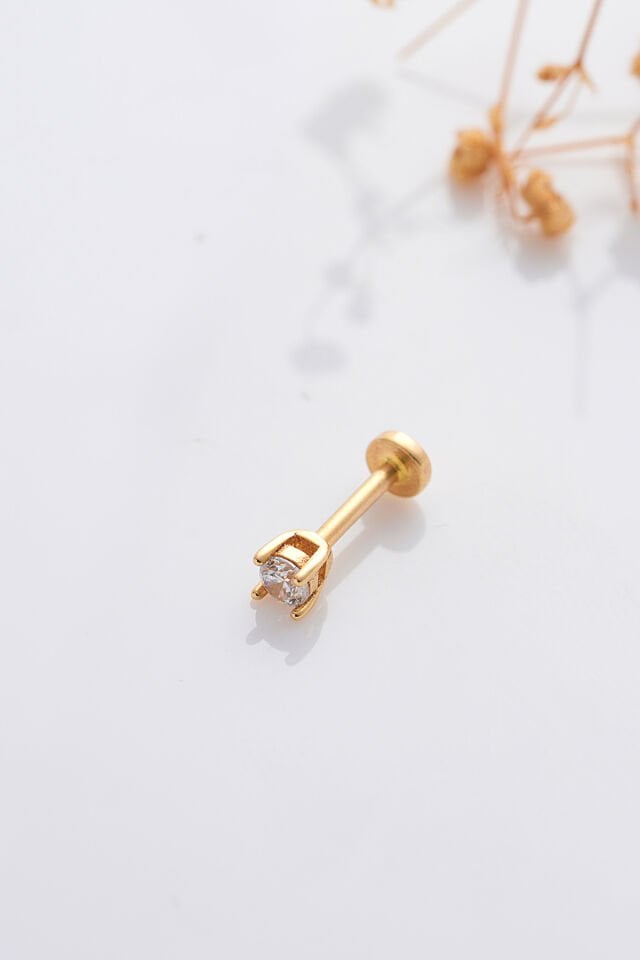 14 Ayar Altın Tragus Küpe Tırnaklı Tektaş Vidalı