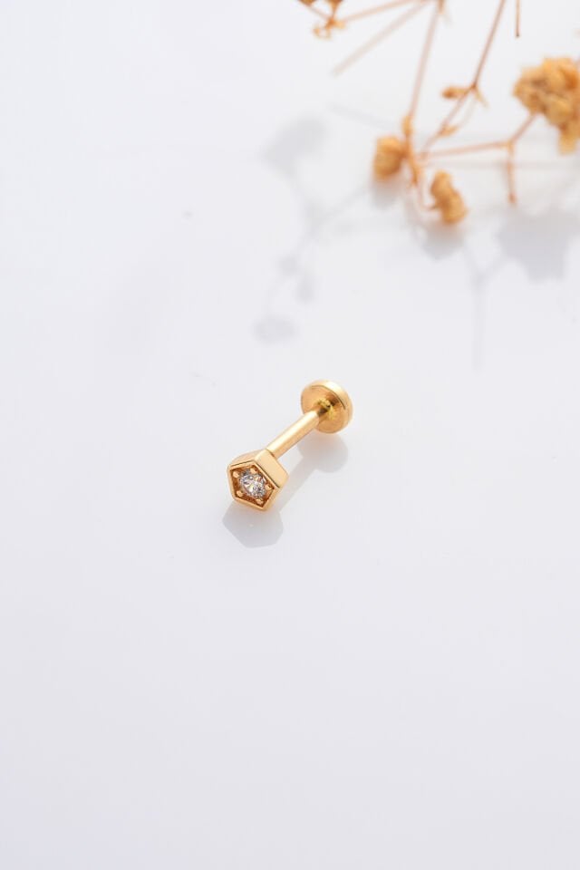 14 Ayar Altın Tragus Küpe Geometrik Tektaş Vidalı