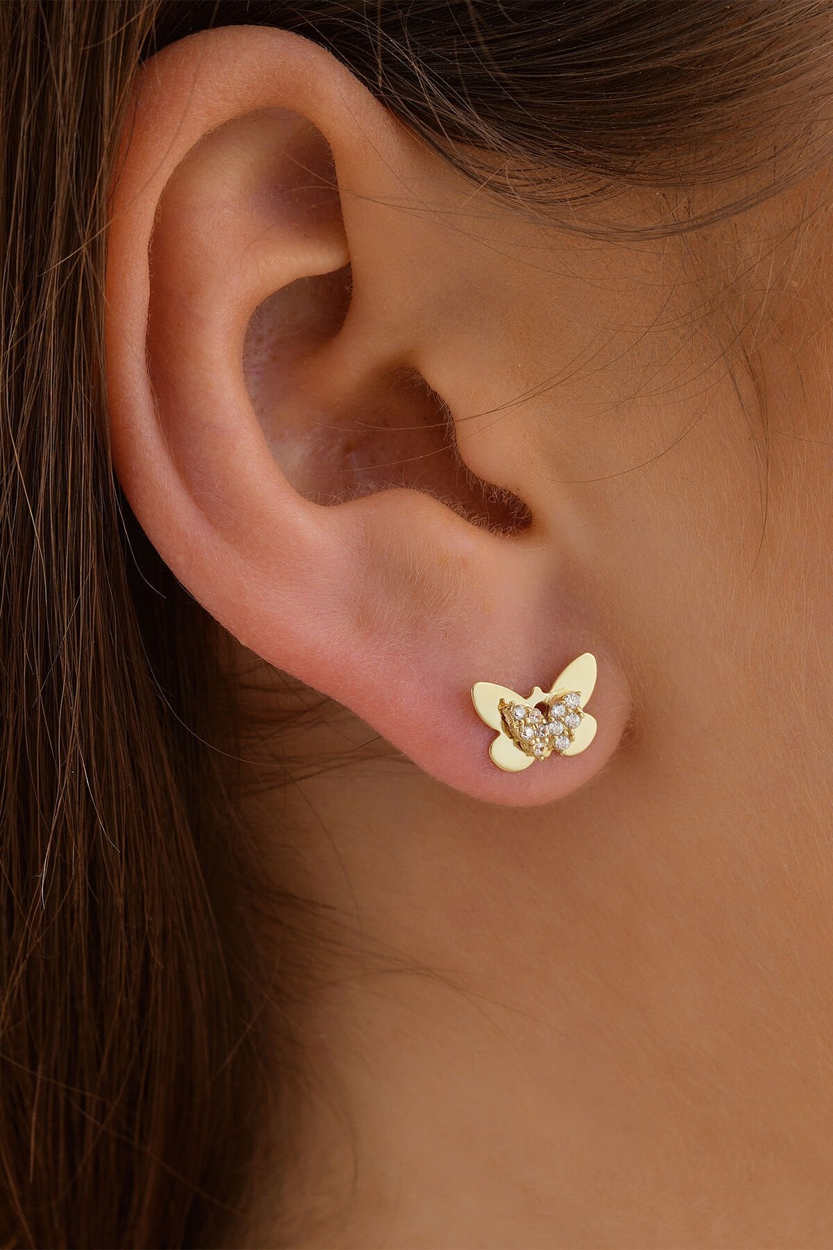 14 Ayar Altın Taşlı Kelebek Küpe