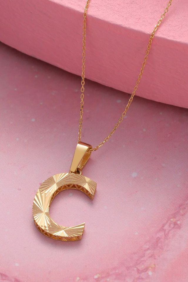 14 Ayar Altın C Harfi Kolye Ucu Parlak Kalemli Işıltılı Zincir Dahil Değildir