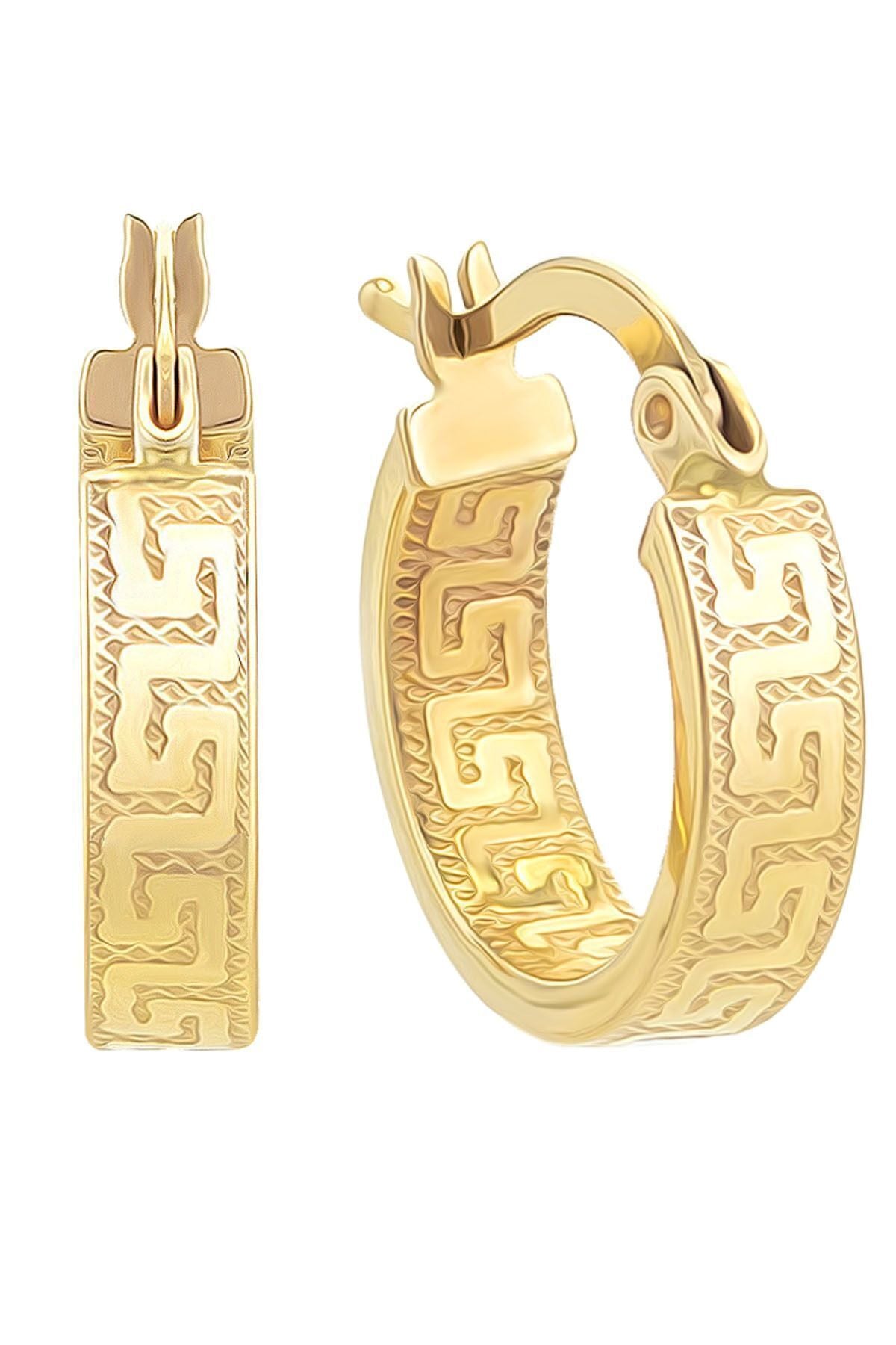 Kadın 14 Ayar Altın Grek Desenli Halka Küpe