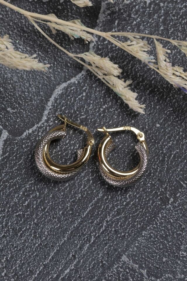 Kadın 14 Ayar Altın 2 Renk Yeşil Beyaz Halka Küpe