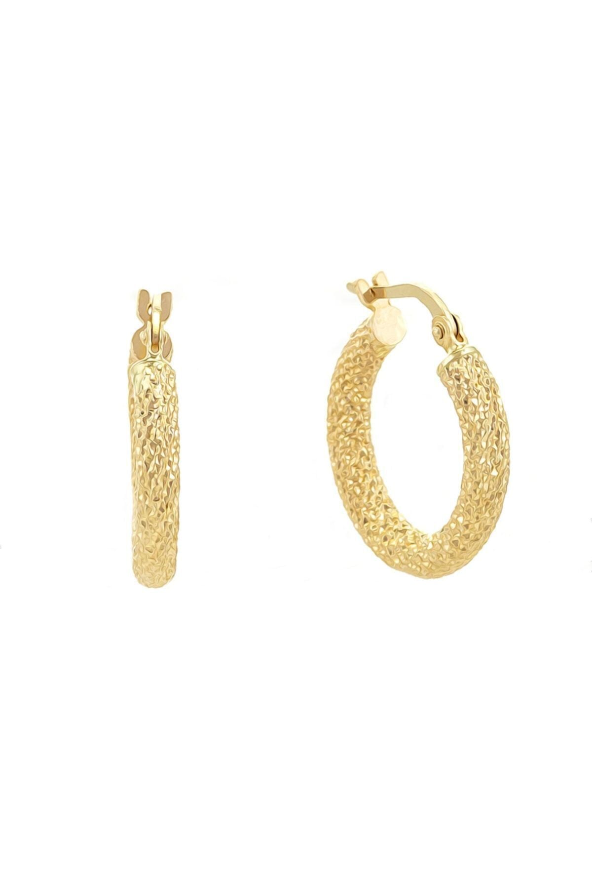 Kadın 14 Ayar Altın Lazer Desenli Halka Küpe