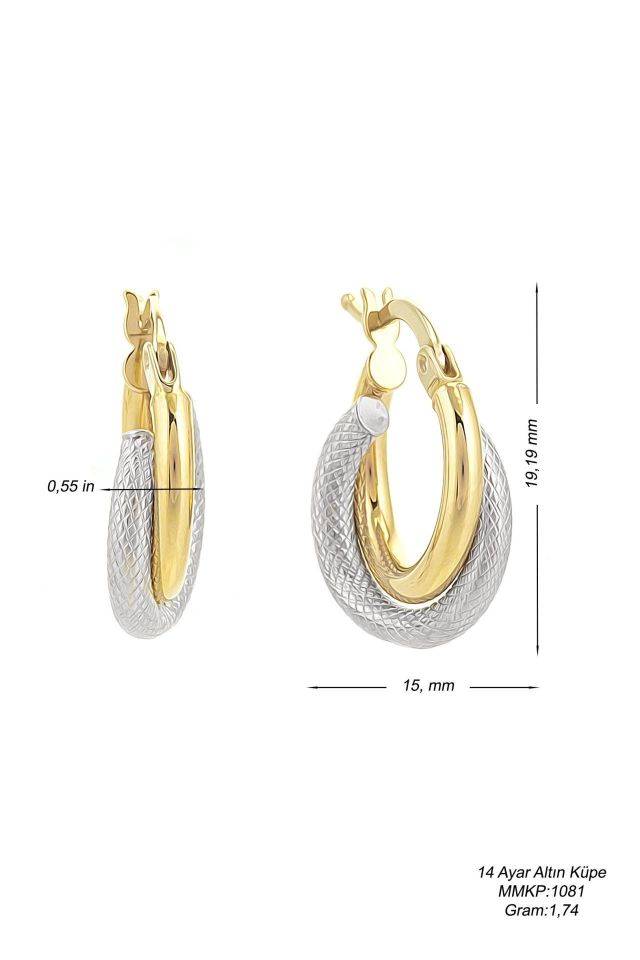 Moom Mücevherat Kadın 14 Ayar Altın 2 Renk Sarı Beyaz Halka Küpe