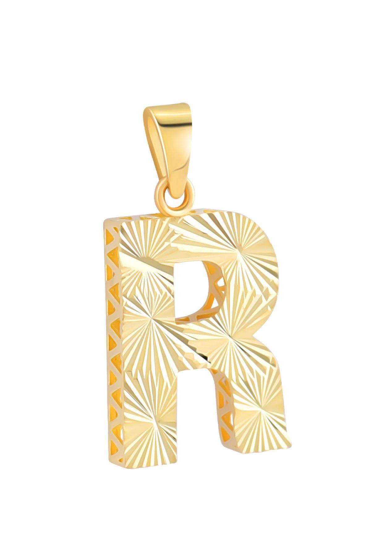 14 Ayar Altın R Harfi Kolye Ucu Parlak Kalemli Işıltılı Zincir Dahil Değildir