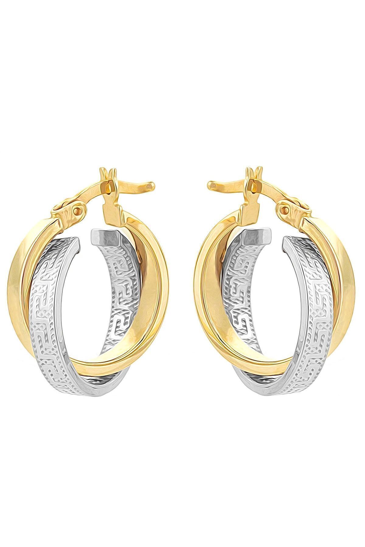 Kadın 14 Ayar Altın 2 Renk Yeşil Beyaz Halka Küpe