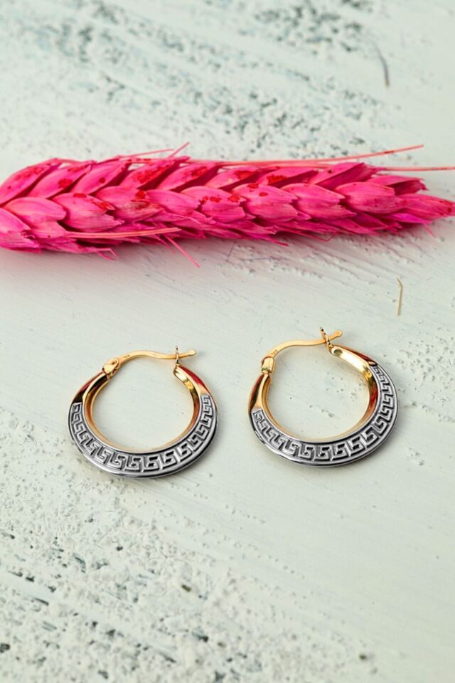 Kadın 14 Ayar Altın 2 Renk Yeşil Beyaz Halka Küpe