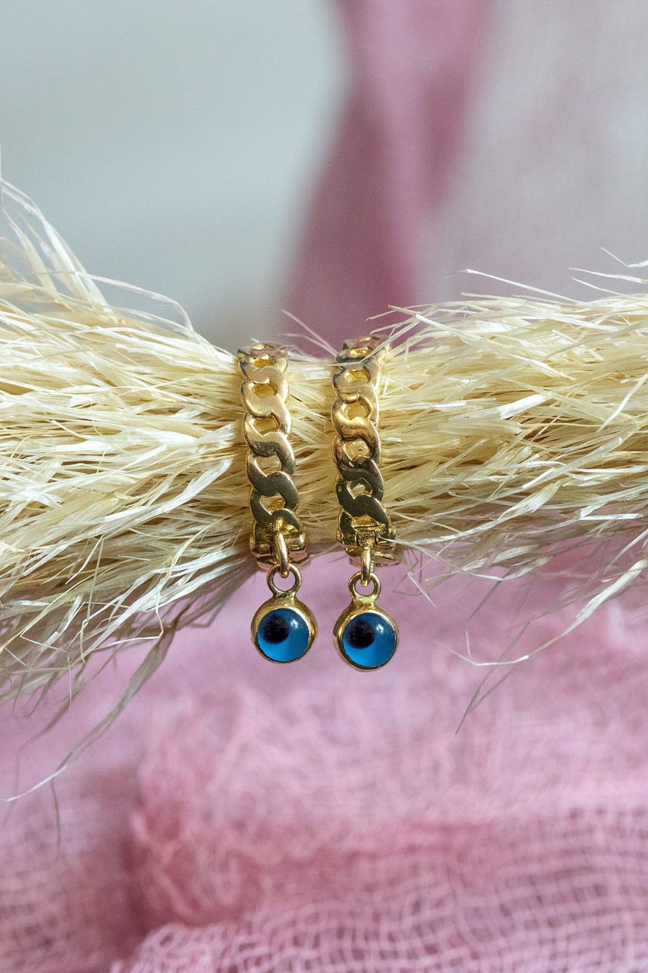 Moom Mücevherat Kadın Göz Boncuklu Halka Küpe 14 Ayar Altın