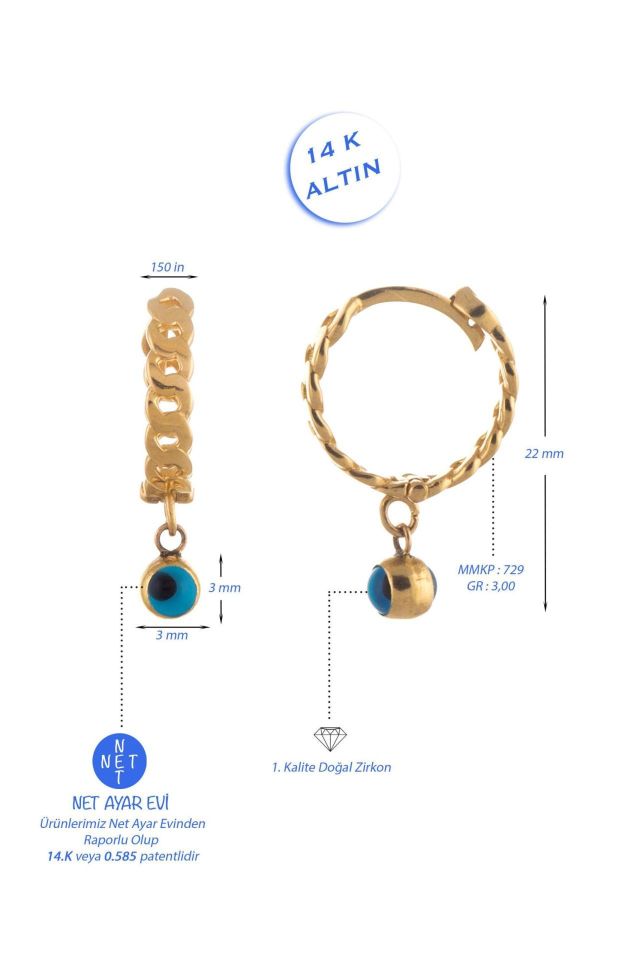 Moom Mücevherat Kadın Göz Boncuklu Halka Küpe 14 Ayar Altın